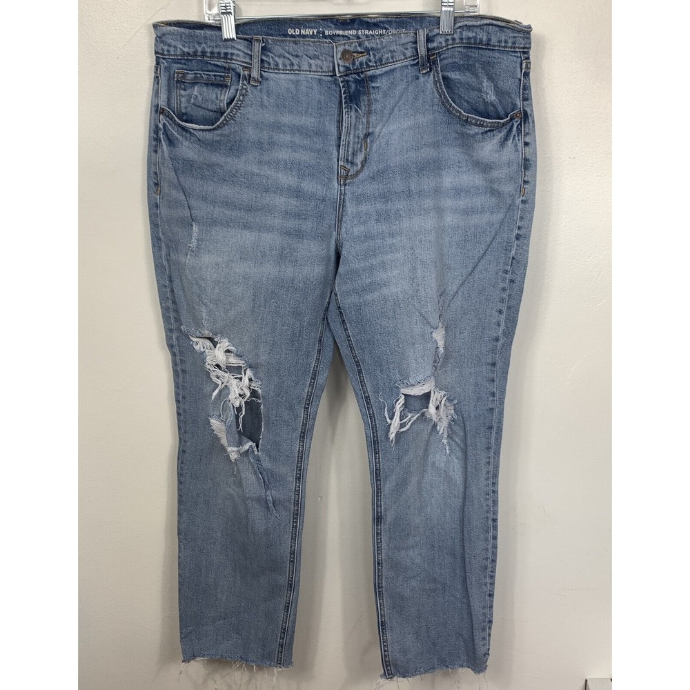 old navy boyfriend straight busted out knee raw hem jeans size 16